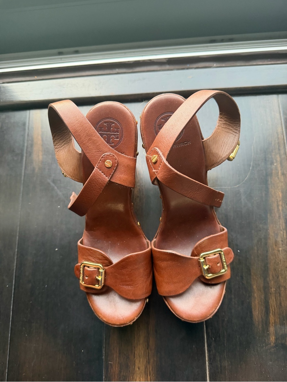 Tory Burch Brown Leather Buckle Heels with Gold Hardware